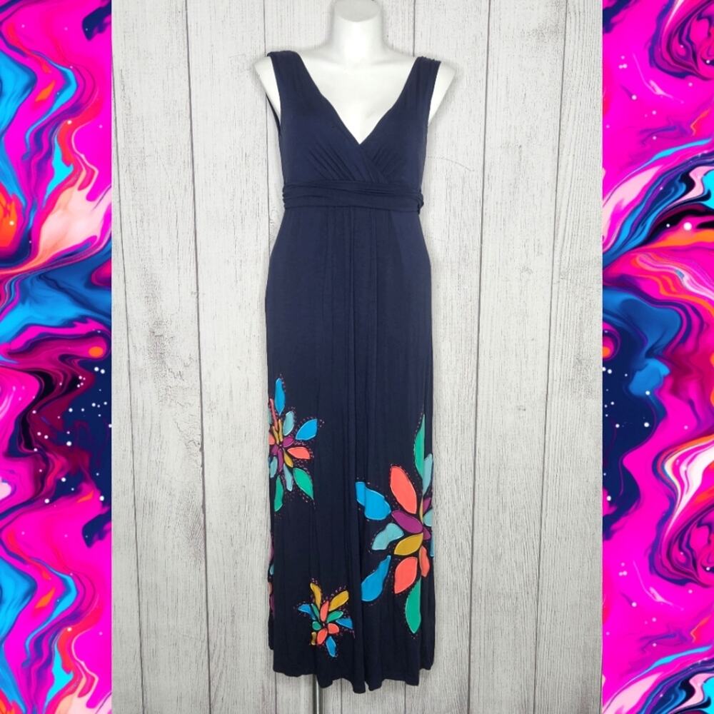 Boden Sienna Multi-colored Embroidered Flower Navy Blue Maxi Dress, sz US 12R